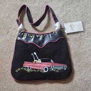Scully Rock N' Roll Black and Pink Embroidered/Leather Shoulder Bag